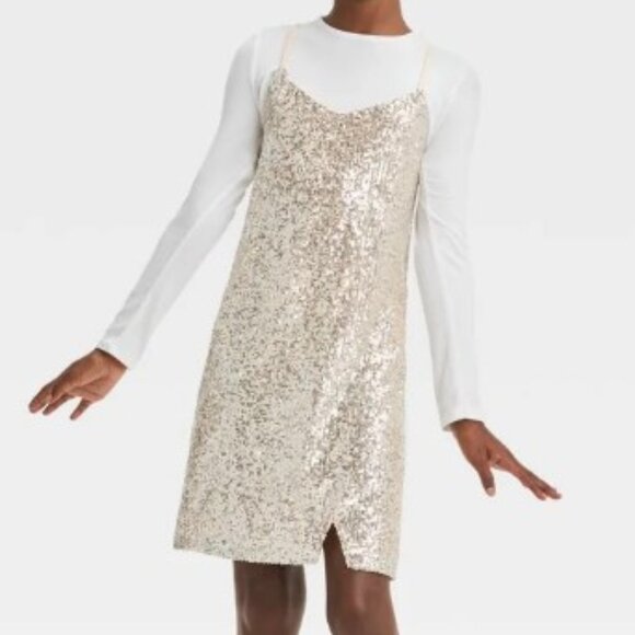 Girls Size 10/12 Art Class Sequin Sparkle Neutral Cream Beige Dress with Shirt - Picture 1 of 4